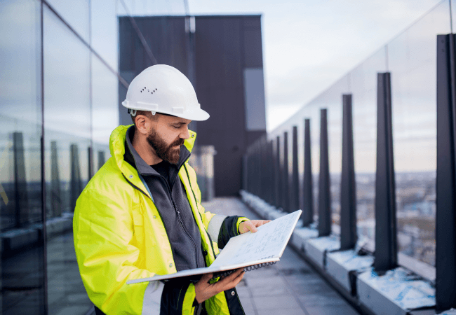 Conducteur de travaux consultant ses plans sur site